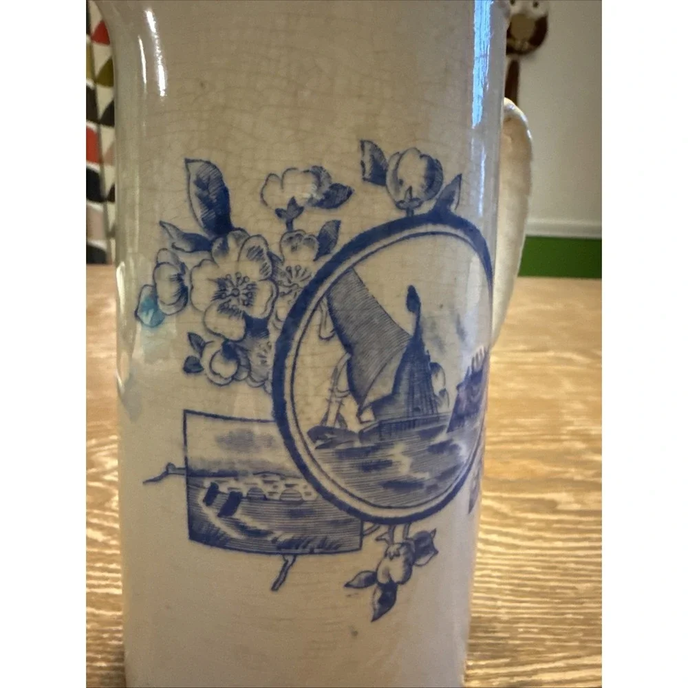 Antique Stoneware Pitcher Salt Glazed Nautical Floral Fruit Motif 6.75